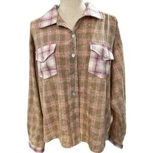 POL Pink & Taupe Mixed Plaid Button Down – Size L
